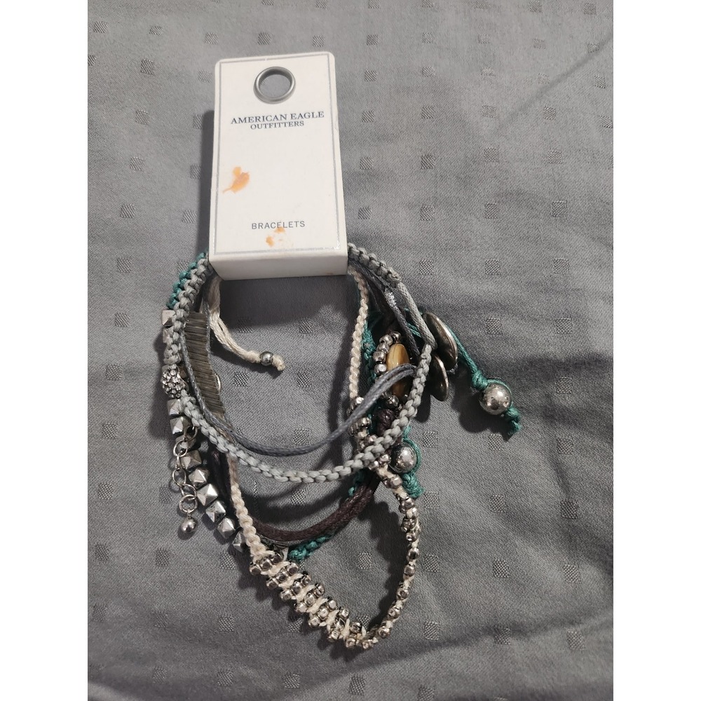 American Eagle Outfitters Boho Beaded Braided Cord Bracelet Set Teal Silver New